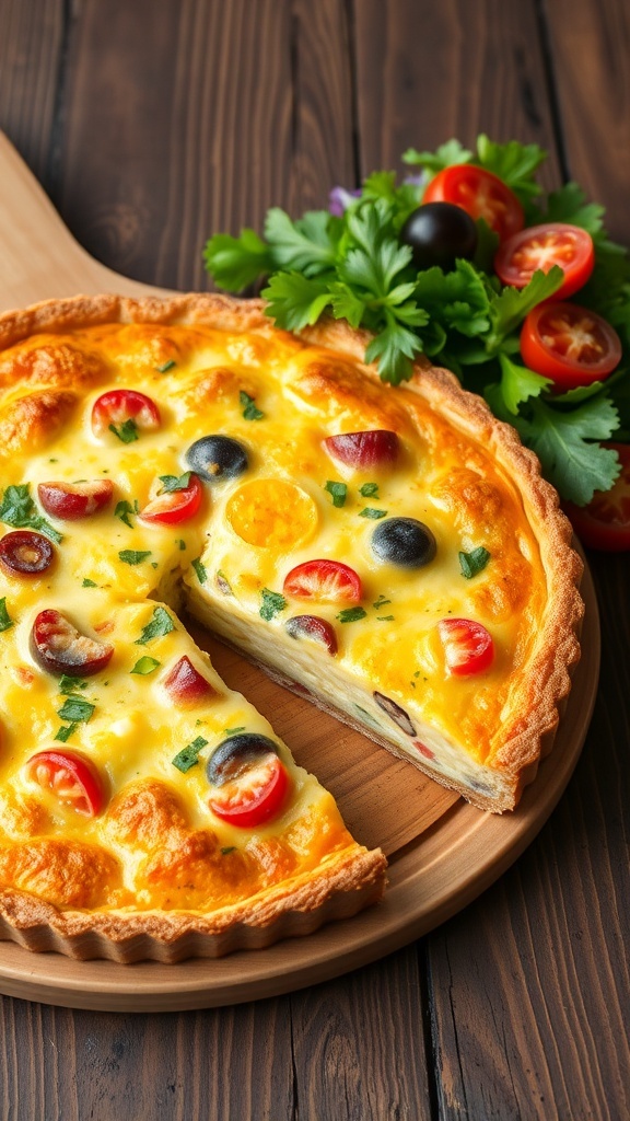 A golden Nebaj quiche with vegetables and cheese, garnished with herbs, served on a wooden table with a slice cut out.